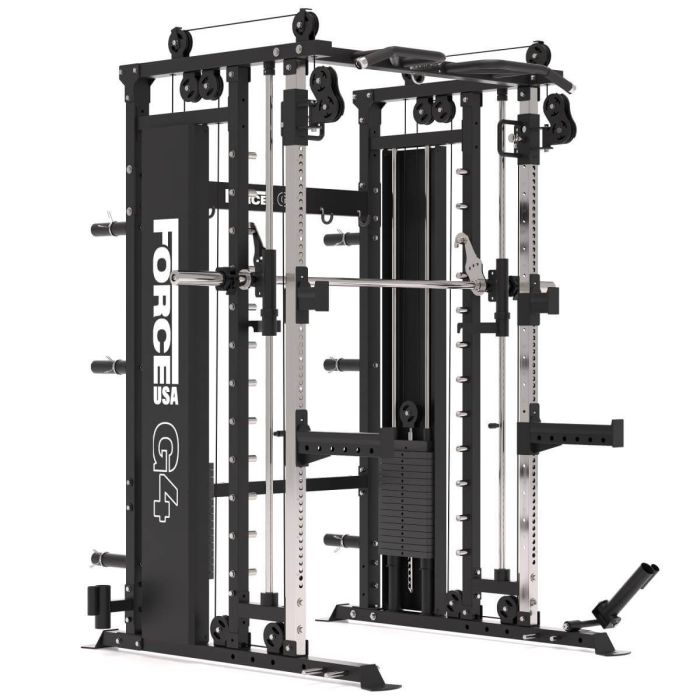 G4 All-In-One Trainer: Rack, Smith Machine et Double Poulie + 154 kg de Poids Inclus