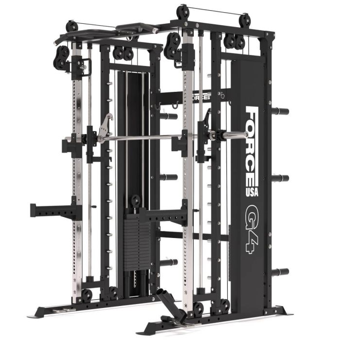 G4 All-In-One Trainer: Rack, Smith Machine et Double Poulie + 154 kg de Poids Inclus