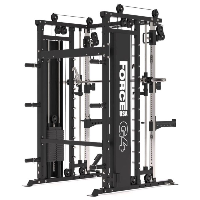 G4 All-In-One Trainer: Rack, Smith Machine et Double Poulie + 154 kg de Poids Inclus