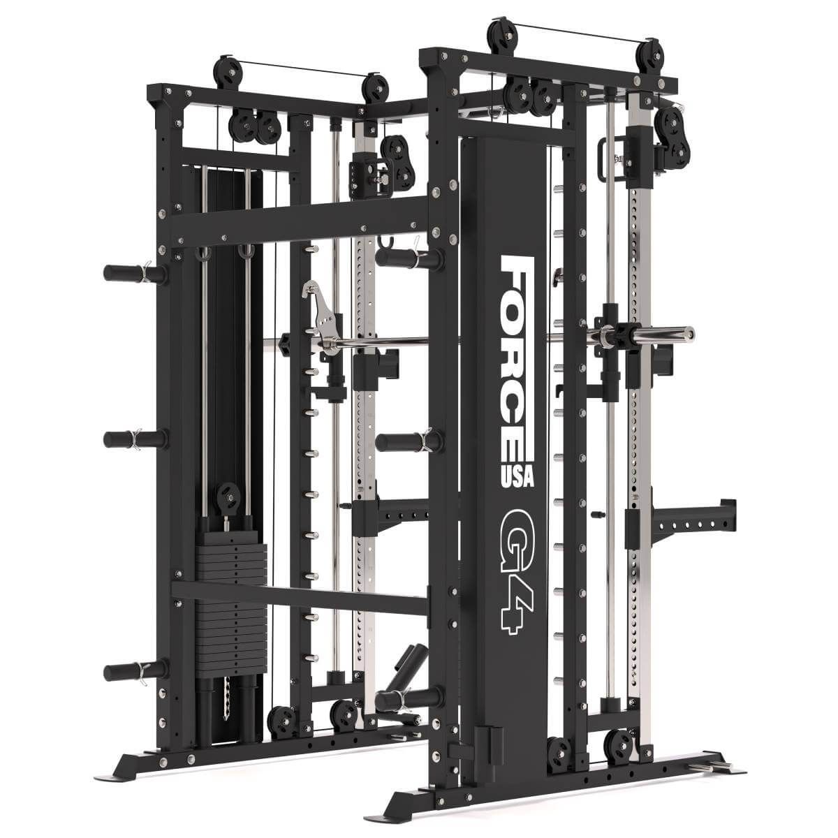 G4 All-In-One Trainer: Rack, Smith Machine et Double Poulie + 154 kg de Poids Inclus