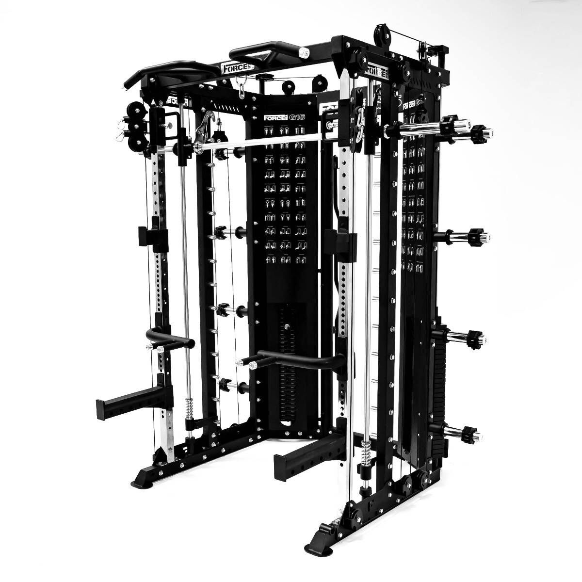 G15® All-In-One Trainer - Smith Machine, Rack + Double Poulie (Rapport de Câbles 2:1 et 4:1) + 260 Kg de Plaques Incluses