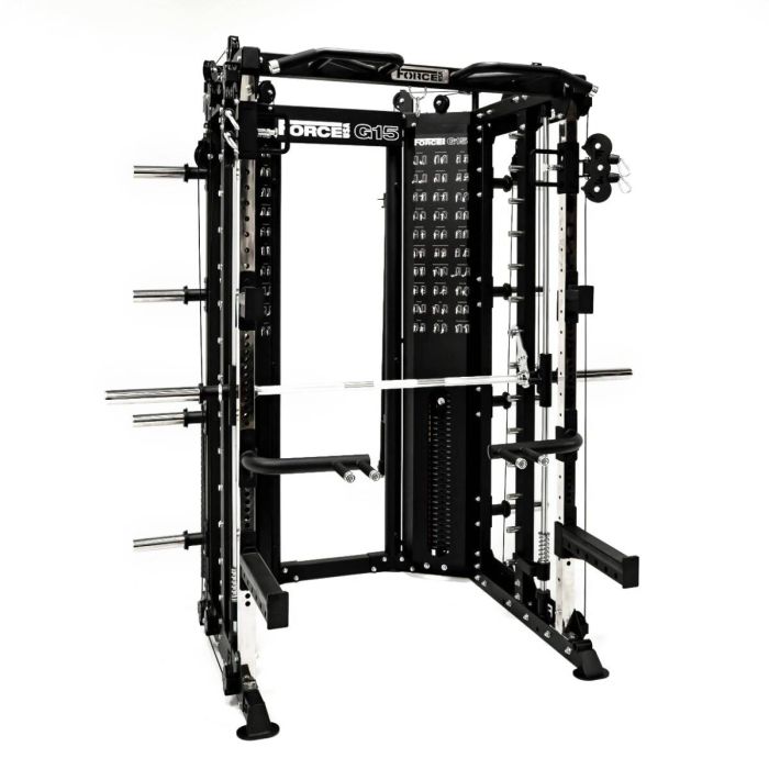 G15® All-In-One Trainer - Smith Machine, Rack + Double Poulie (Rapport de Câbles 2:1 et 4:1) + 260 Kg de Plaques Incluses