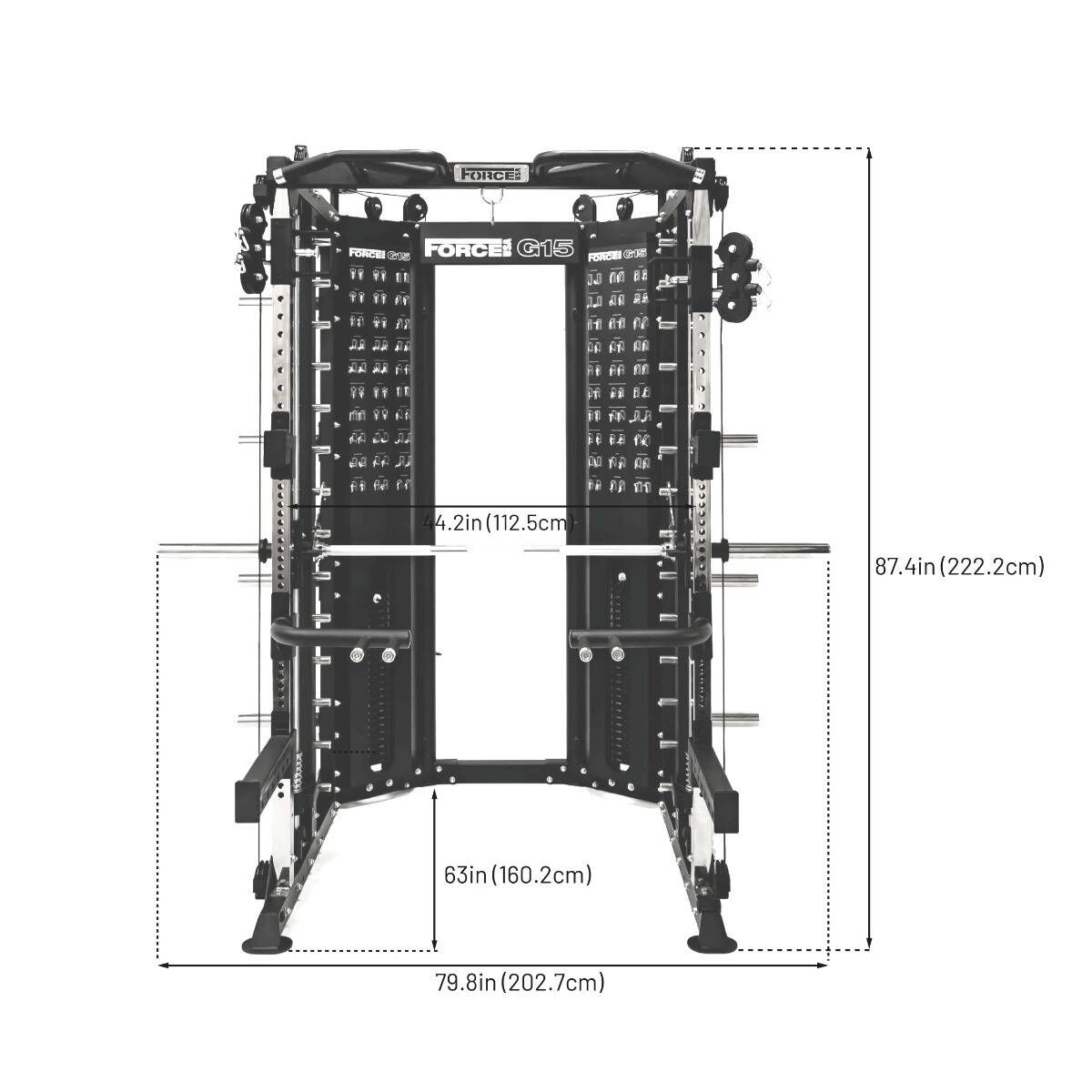 G15® All-In-One Trainer - Smith Machine, Rack + Double Poulie (Rapport de Câbles 2:1 et 4:1) + 260 Kg de Plaques Incluses
