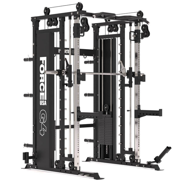G4 All-In-One Trainer: Rack, Smith Machine et Double Poulie + 154 kg de Poids Inclus