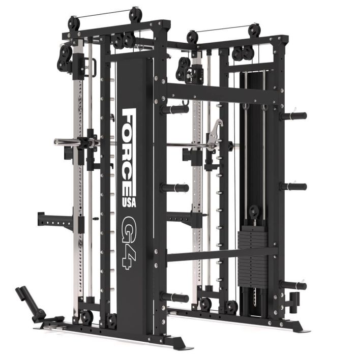 G4 All-In-One Trainer: Rack, Smith Machine et Double Poulie + 154 kg de Poids Inclus