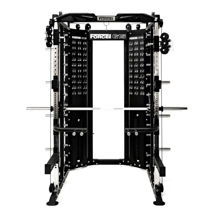 G15® All-In-One Trainer - Smith Machine, Rack + Double Poulie (Rapport de Câbles 2:1 et 4:1) + 260 Kg de Plaques Incluses