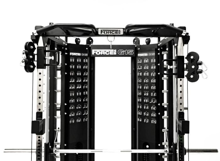 G15® All-In-One Trainer - Smith Machine, Rack + Double Poulie (Rapport de Câbles 2:1 et 4:1) + 260 Kg de Plaques Incluses