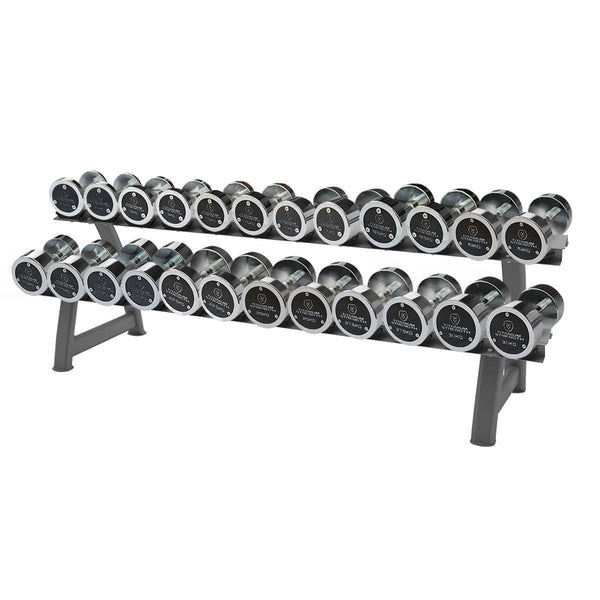 Set d’Haltères Chromées 2,5–30 kg (12 paires) + Rack
